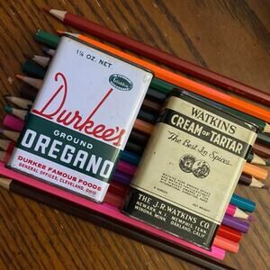 Vintage Spice Tins Lot of 2 Watkins Cream of Tartar Durkee’s Oregano FAIR USED